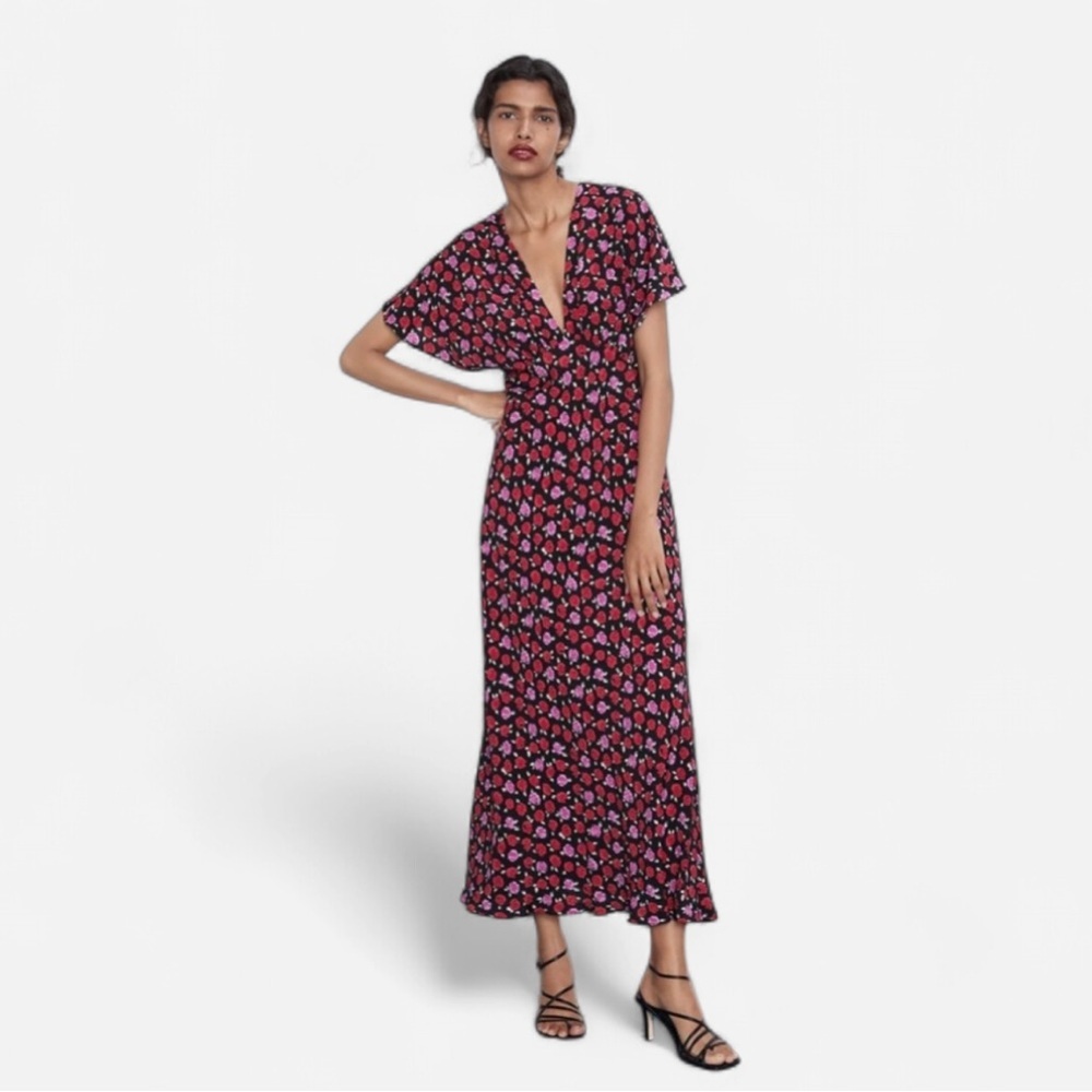 ZARA Black Red Floral Short Sleeve A-Line Maxi Dress 90’s Vibe